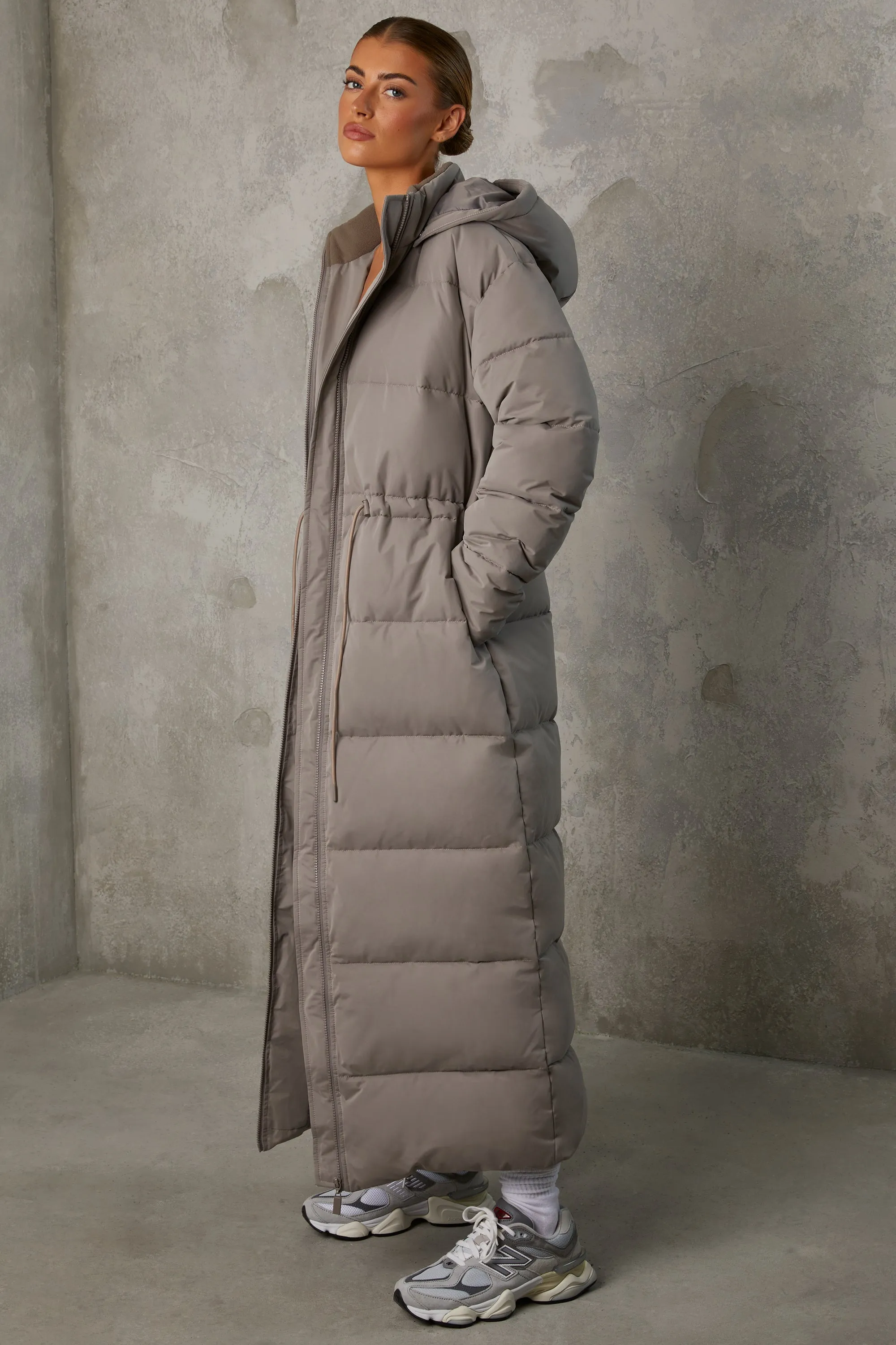 Full Length Hooded Puffer Coat in Warm Grey