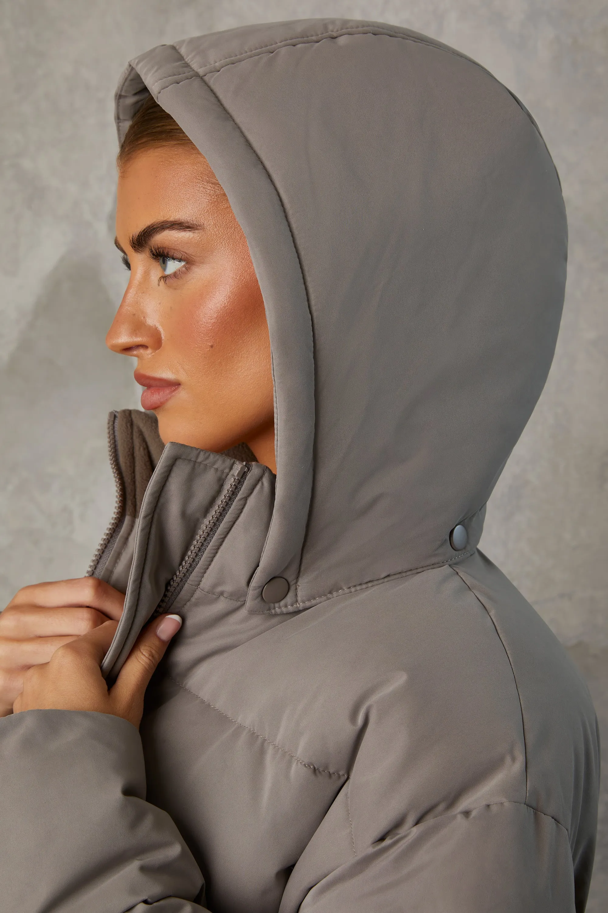 Full Length Hooded Puffer Coat in Warm Grey