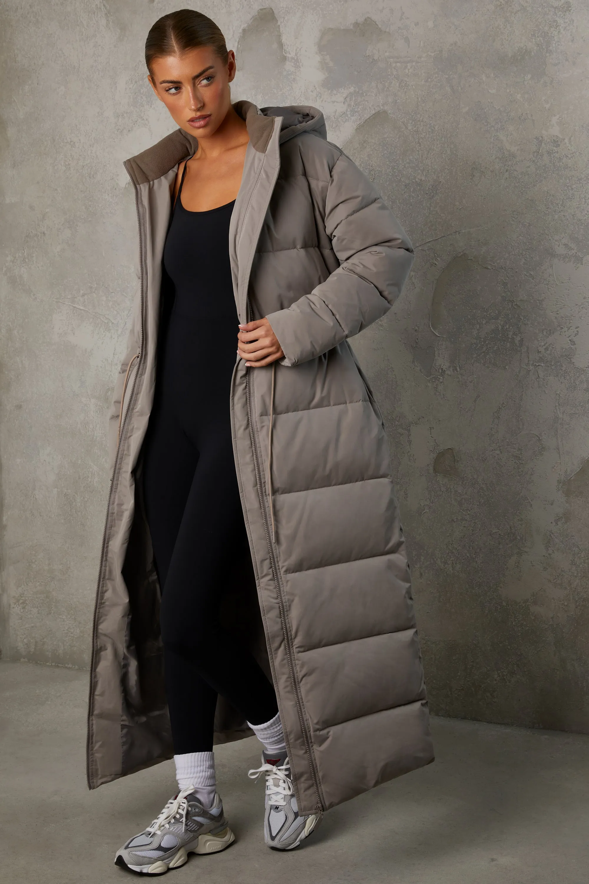 Full Length Hooded Puffer Coat in Warm Grey