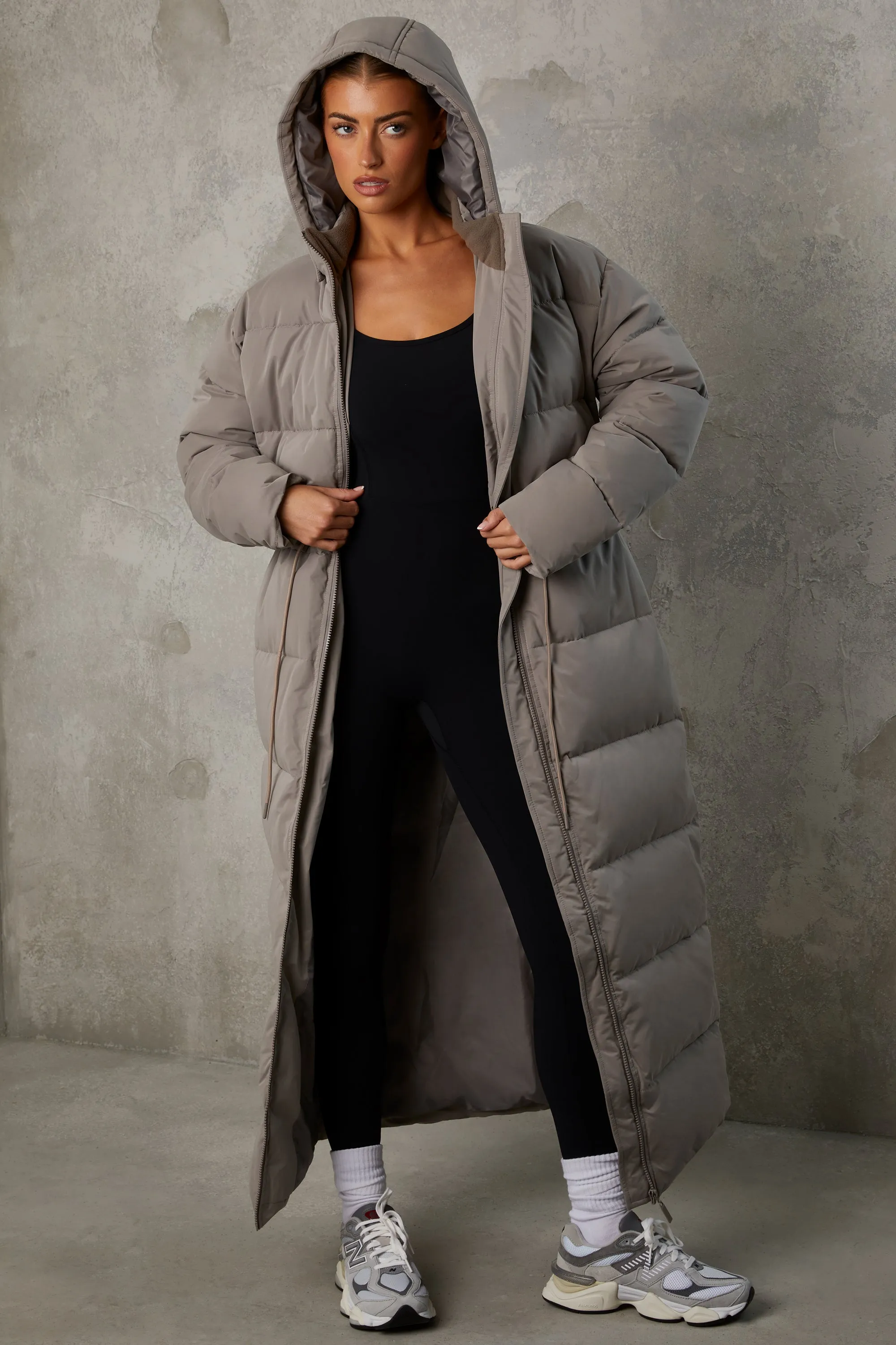 Full Length Hooded Puffer Coat in Warm Grey