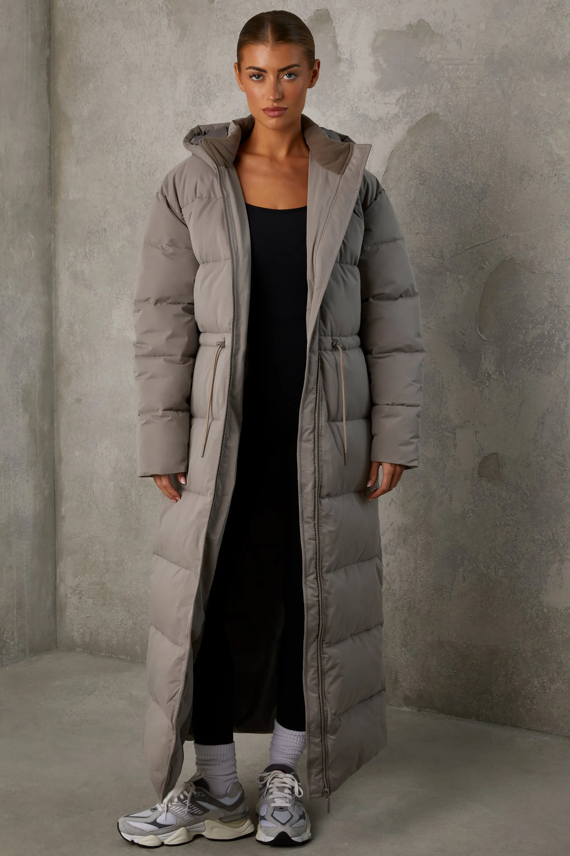 Full Length Hooded Puffer Coat in Warm Grey