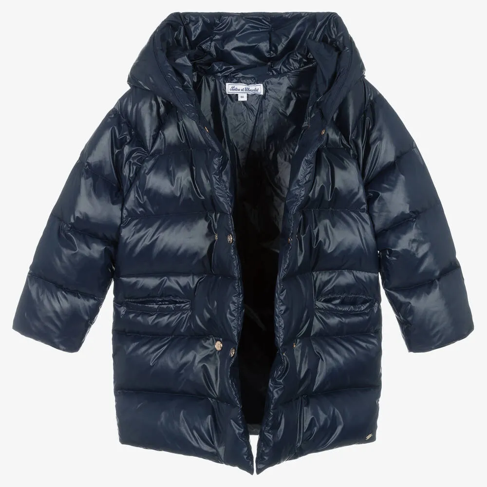 Girls Navy Blue Down Padded Puffer Coat