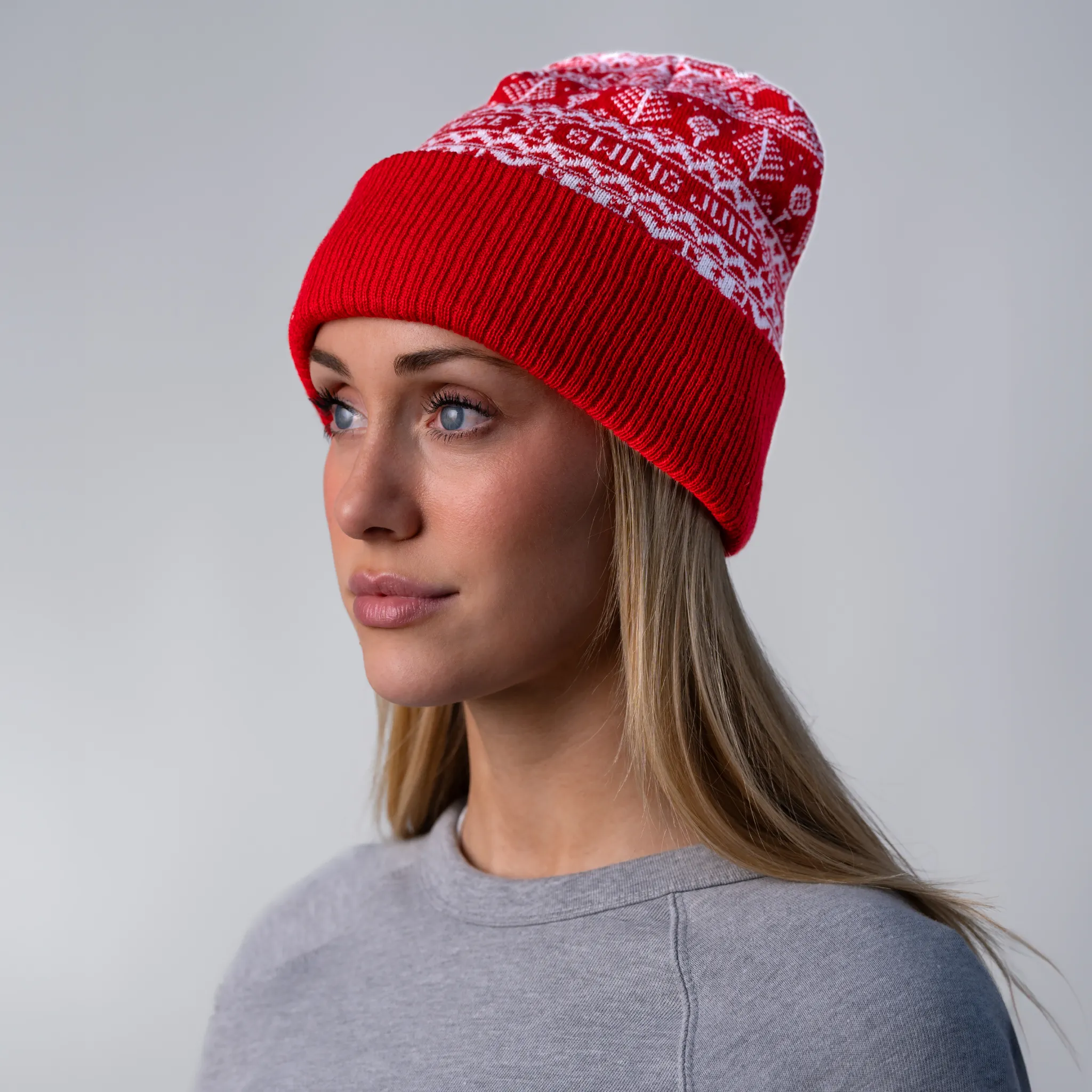 Golf Fairisle Knit Beanie Red Unisex