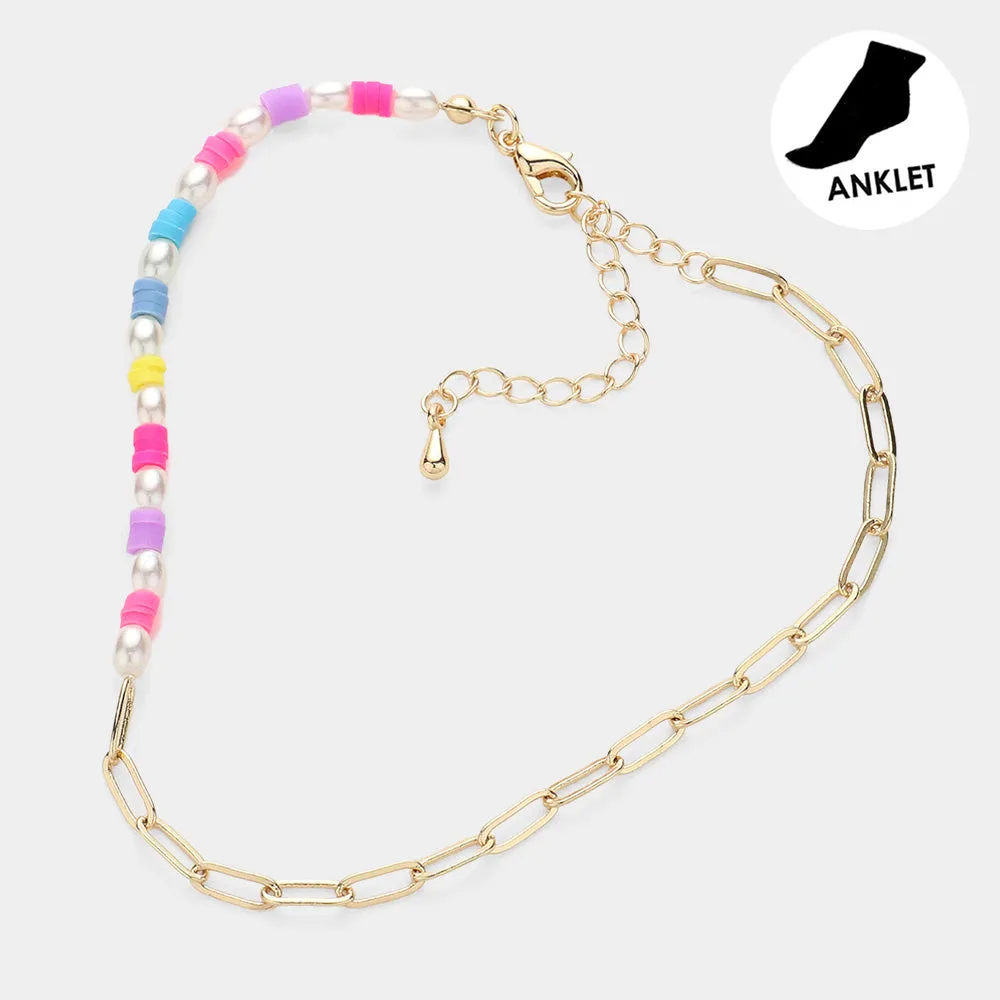 Heishi Beads Pearl Beaded Paperclip Chain Anklet - iLLASPARKZ