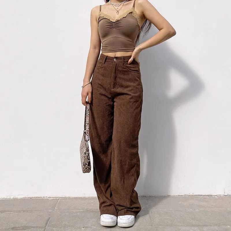 High-Waisted Corduroy Wide Leg Pants - dd10