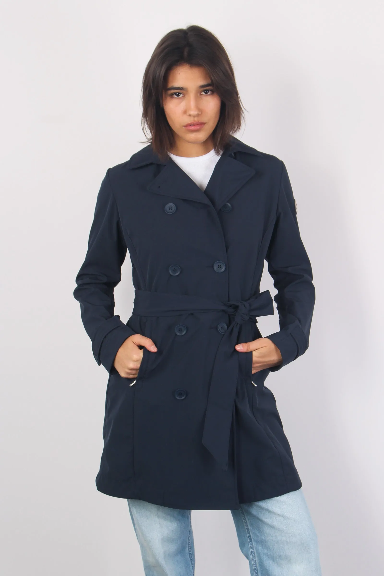 Long blue trench coat.