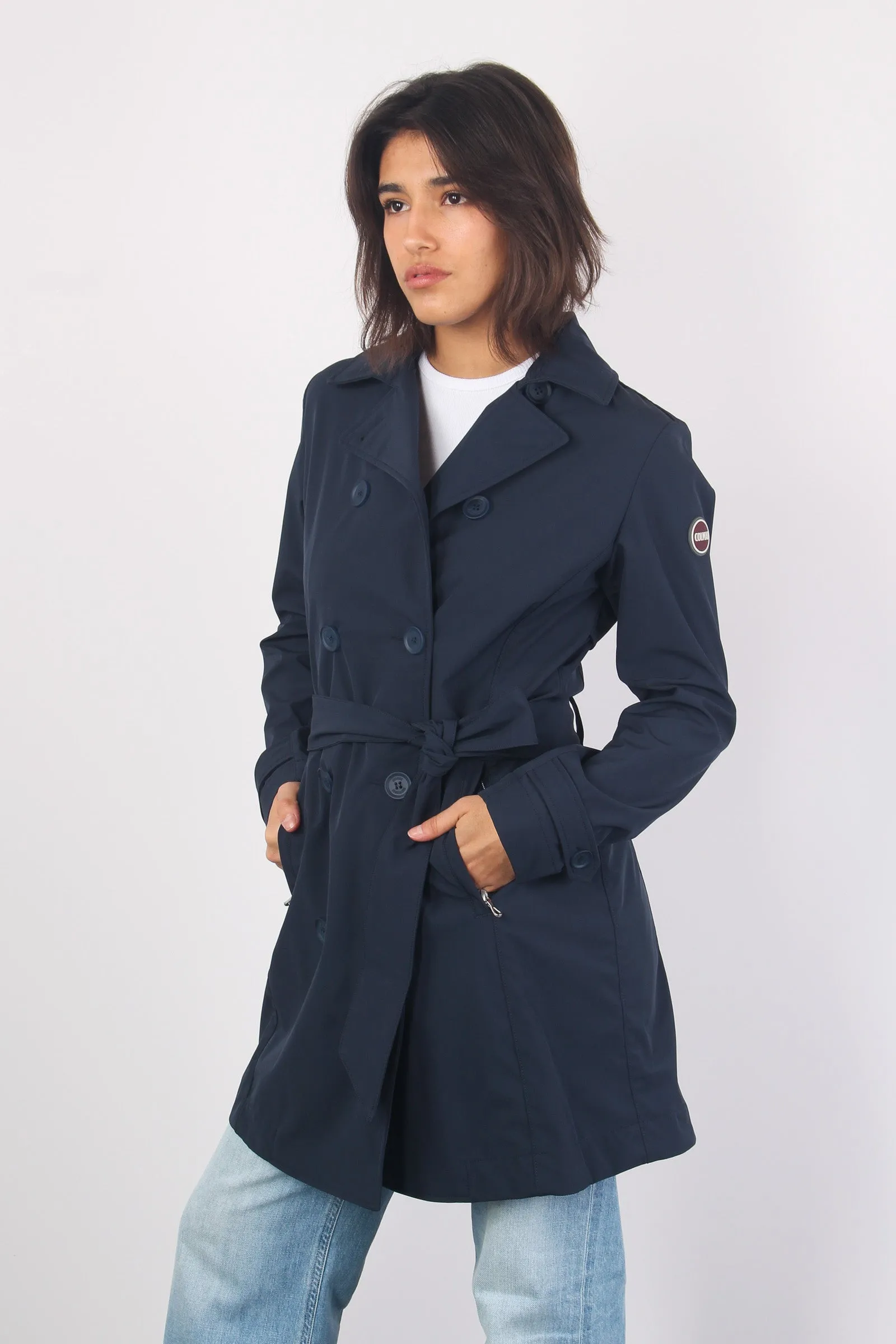 Long blue trench coat.