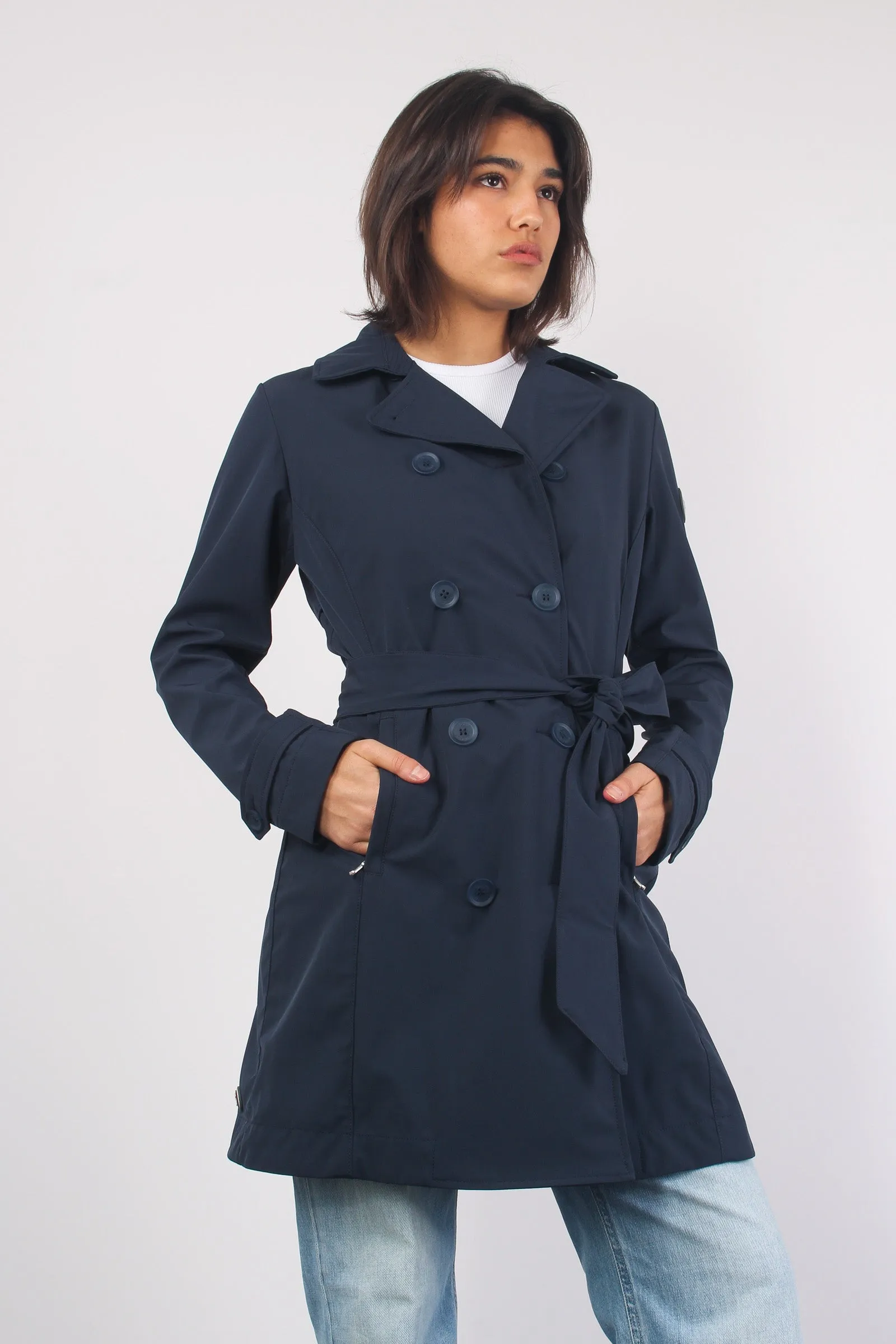 Long blue trench coat.