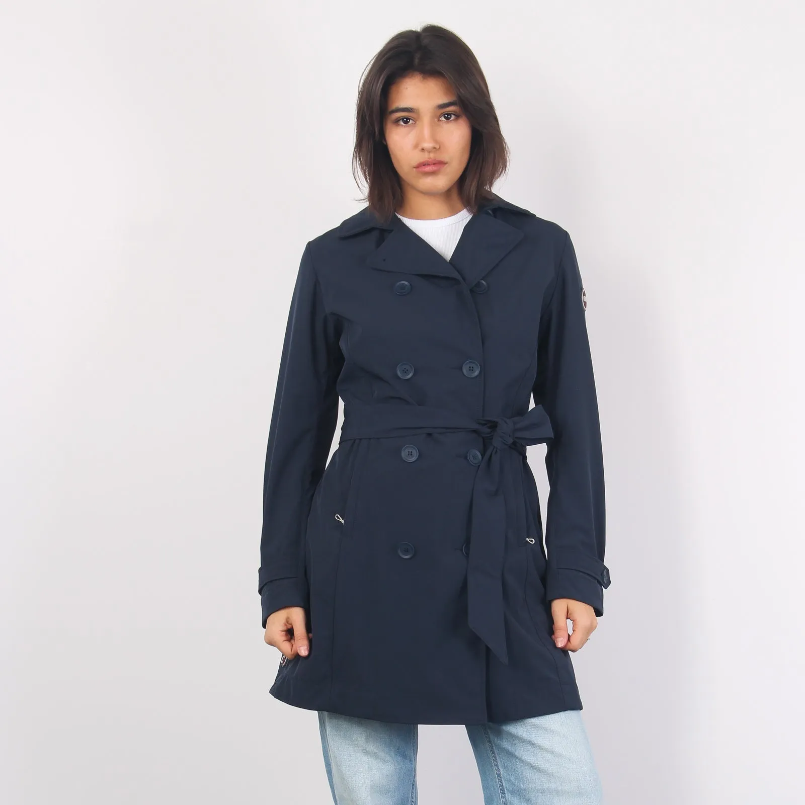 Long blue trench coat.