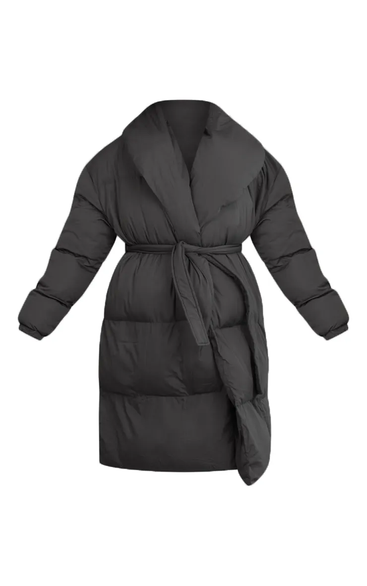 Maternity Black Collar Belted Longline Puffer Coat