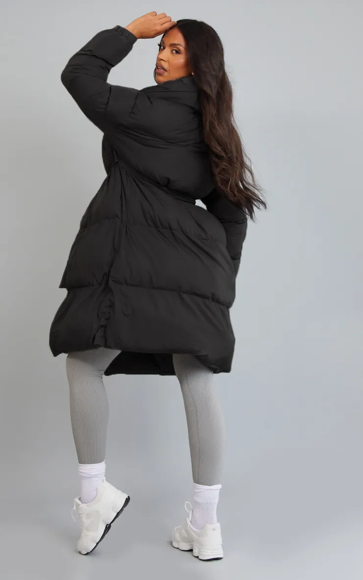 Maternity Black Collar Belted Longline Puffer Coat