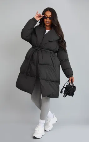 Maternity Black Collar Belted Longline Puffer Coat