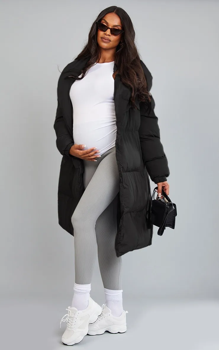 Maternity Black Collar Belted Longline Puffer Coat