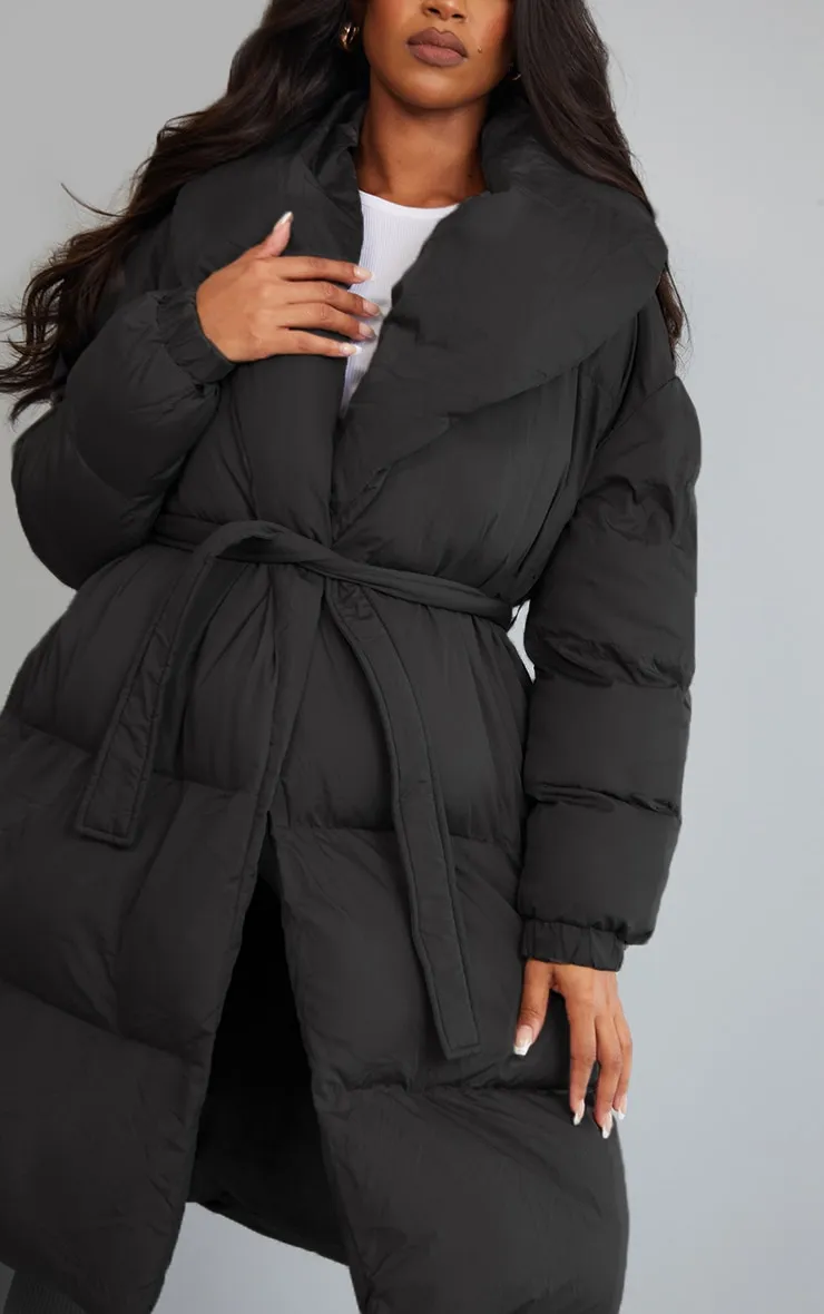 Maternity Black Collar Belted Longline Puffer Coat