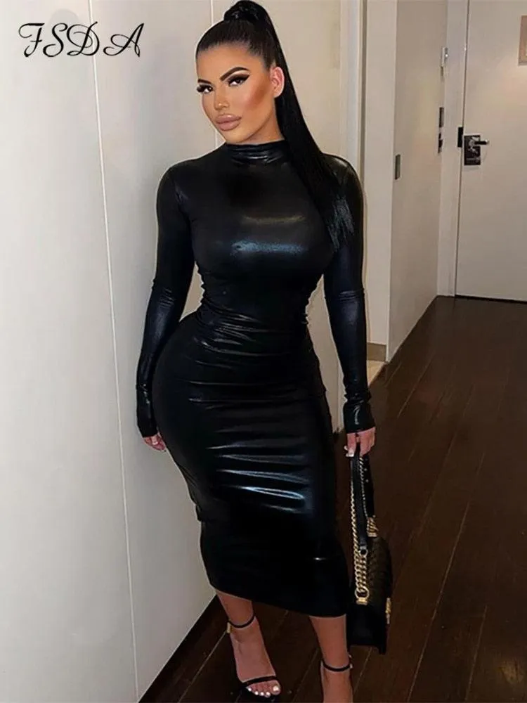 Midi Turtleneck Bodycon Leather Dress