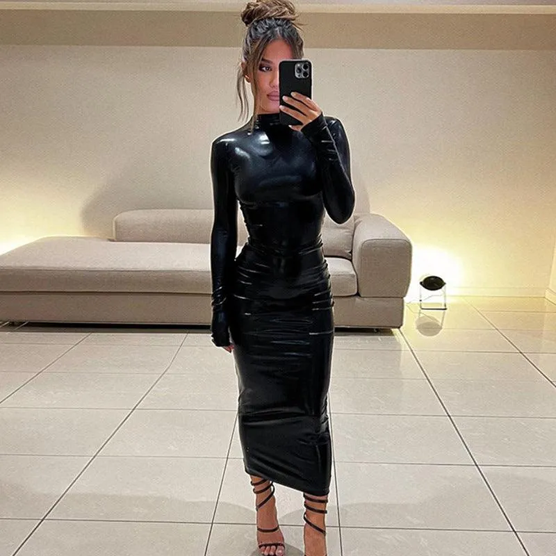 Midi Turtleneck Bodycon Leather Dress