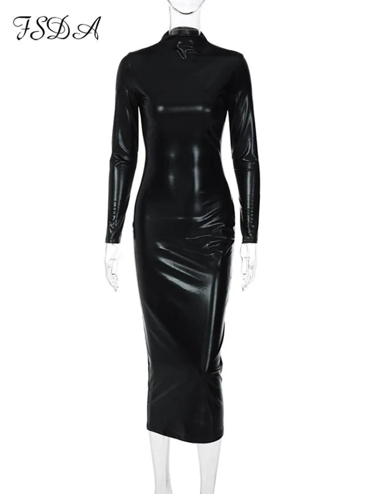 Midi Turtleneck Bodycon Leather Dress