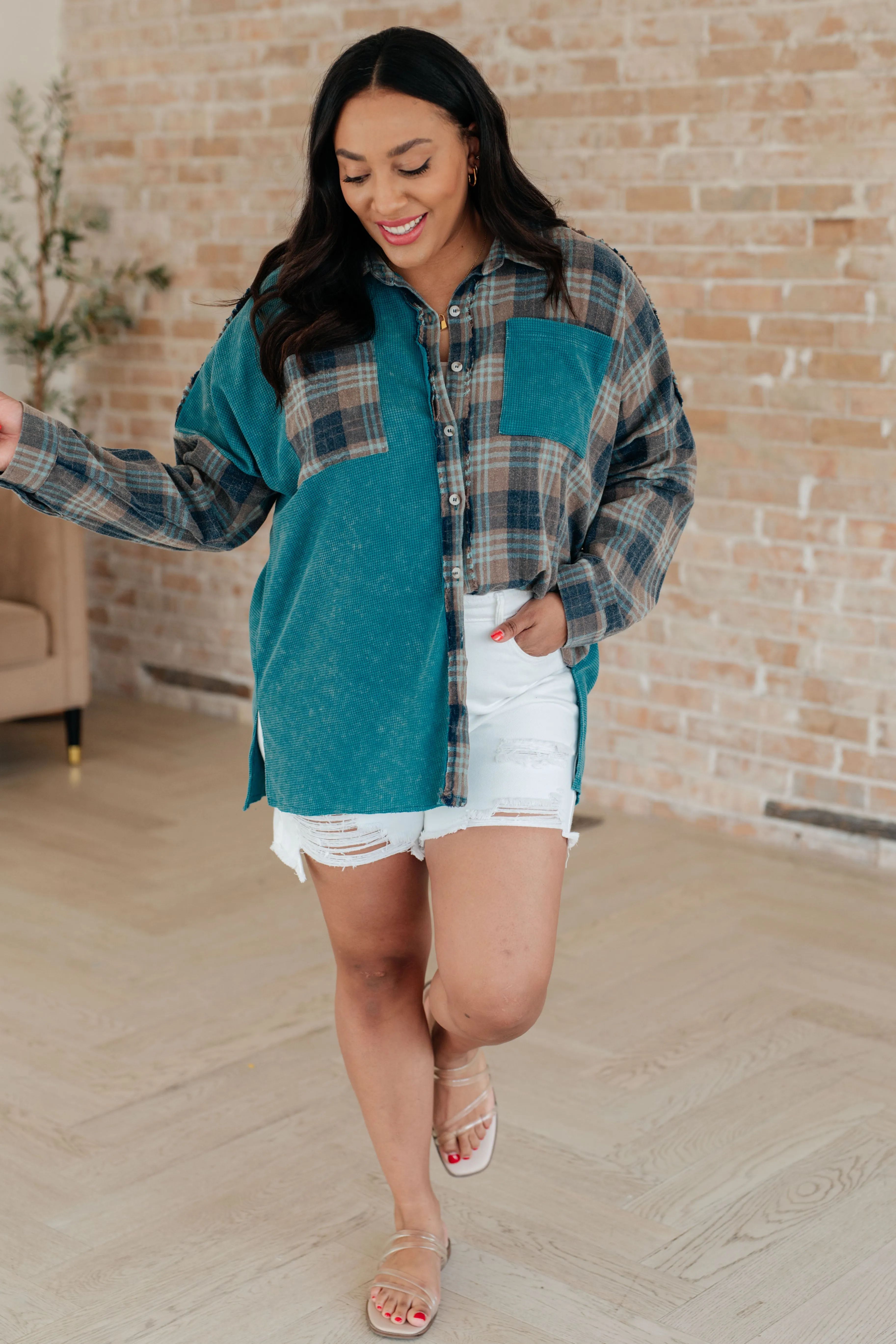 Mixed Plaid Thermal Button Up Shirt