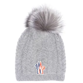 Moncler Gray Knit Fur Pom Pom Hat