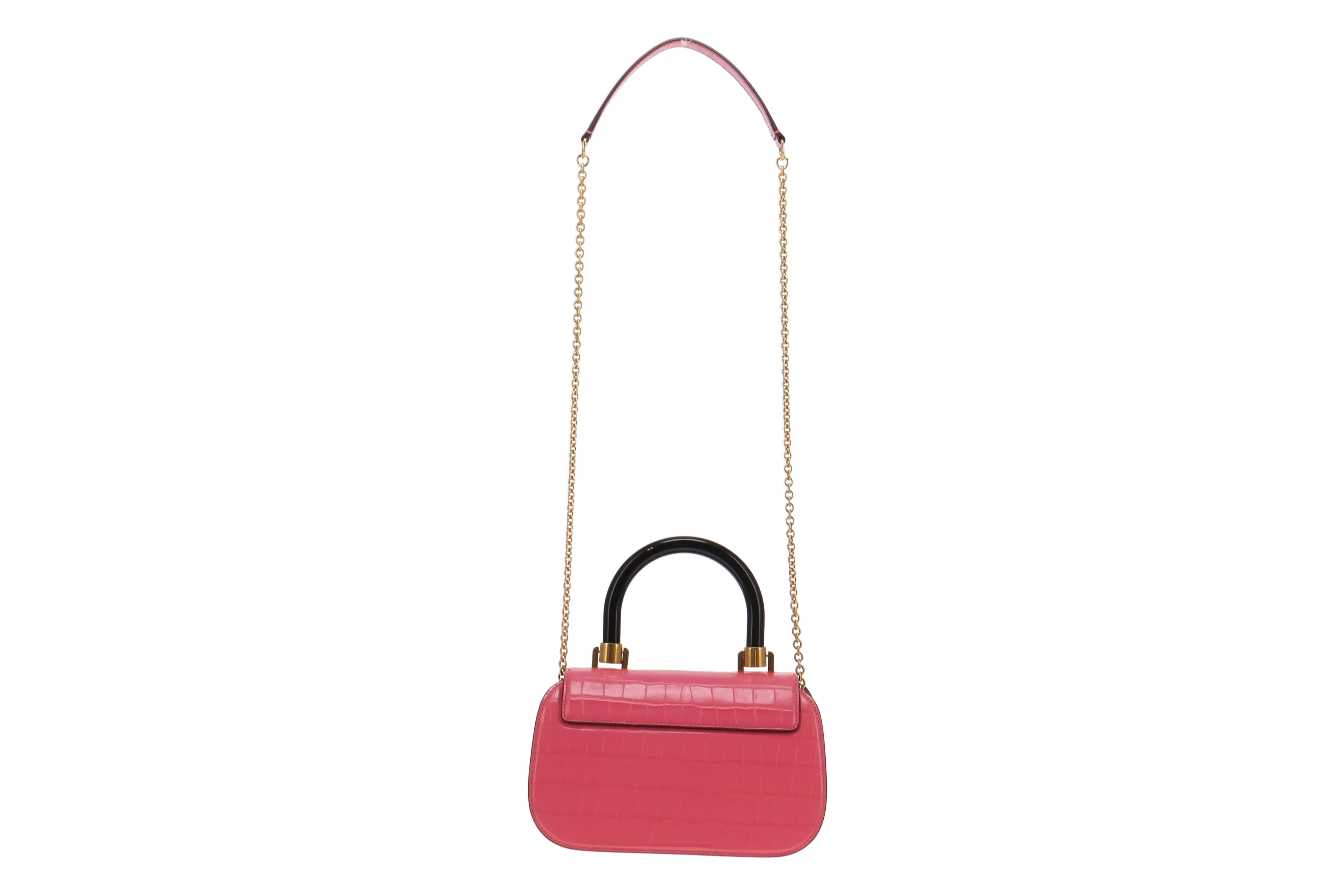 Mulbery Pink Shiny Croc Embossed Bovine Leather Mews Top Handle Chain Bag