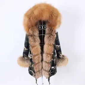 Natural Fur Collar Hooded Winter Jacket for Women - Camo Pattern, Long Sleeves