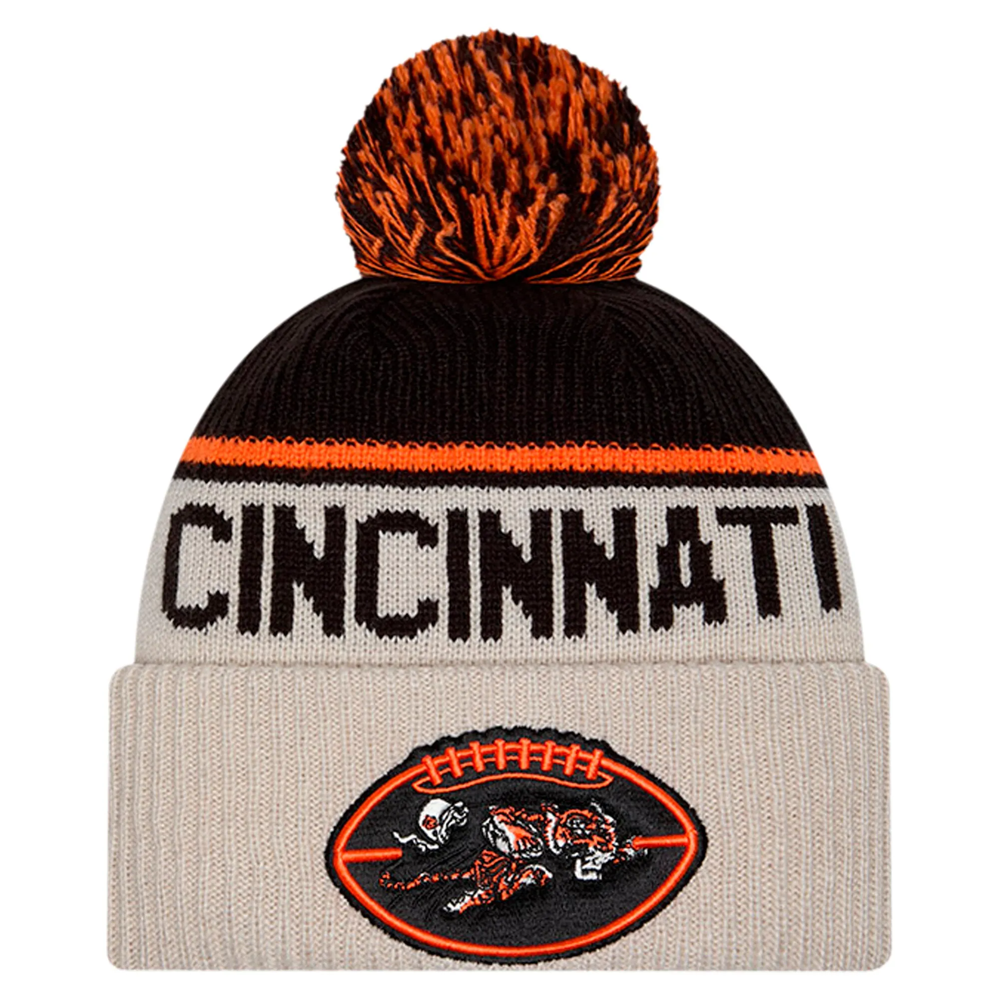 New Era Cincinnati Bengals Stone NFL Sideline Historic Cuffed Knit Hat with Pom