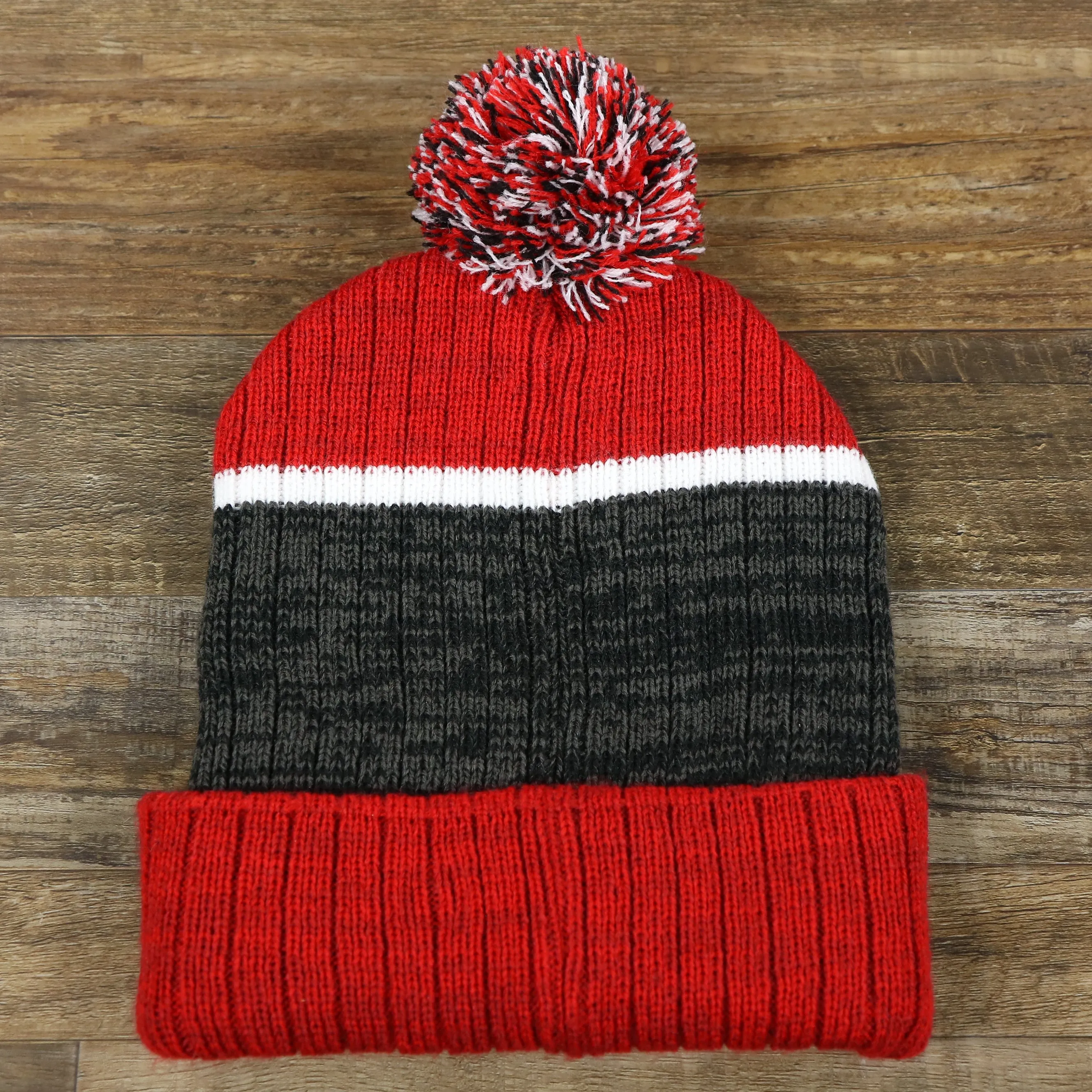 New Jersey Devils Winter Beanie - Red and Gray Striped Cuffed Pom Pom Hat