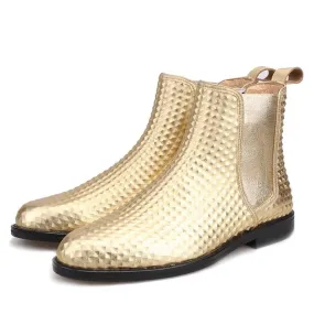 OneDrop Men Handcrafted Gold Embossed Leather Chelsea Boots - Party Ankle Boot