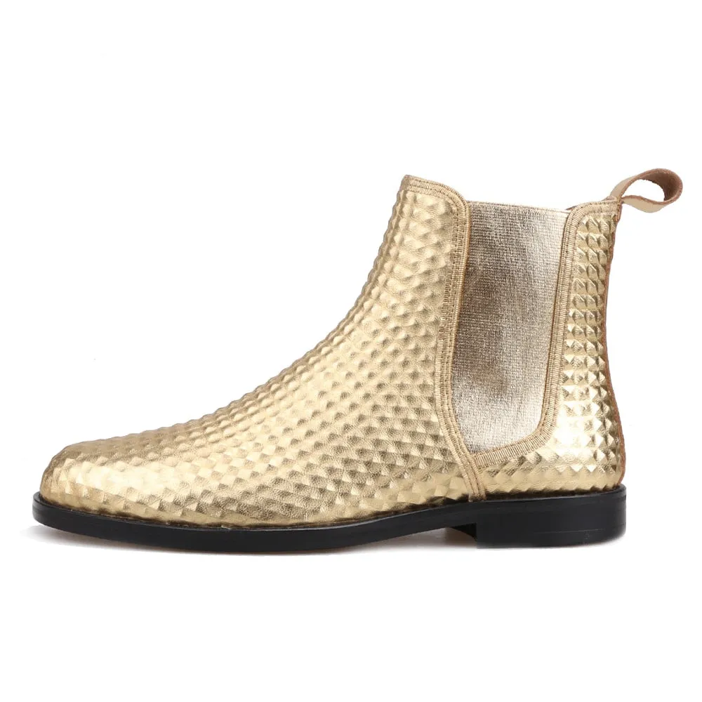 OneDrop Men Handcrafted Gold Embossed Leather Chelsea Boots - Party Ankle Boot