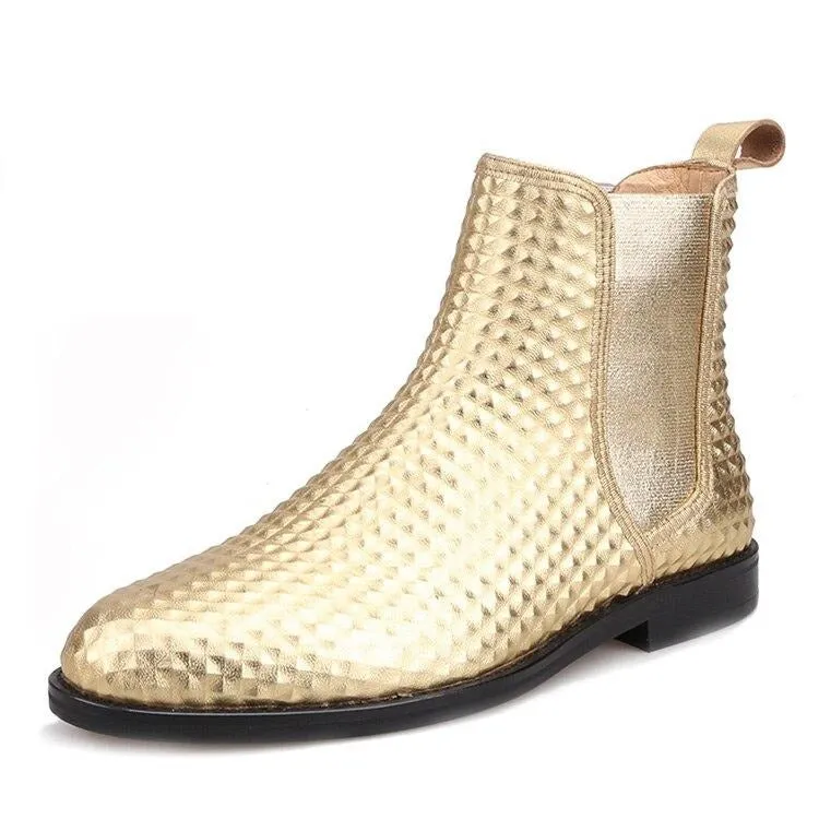 OneDrop Men Handcrafted Gold Embossed Leather Chelsea Boots - Party Ankle Boot