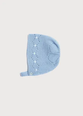 Openwork Contrast Dot Merino Wool Bonnet Blue 0-12m