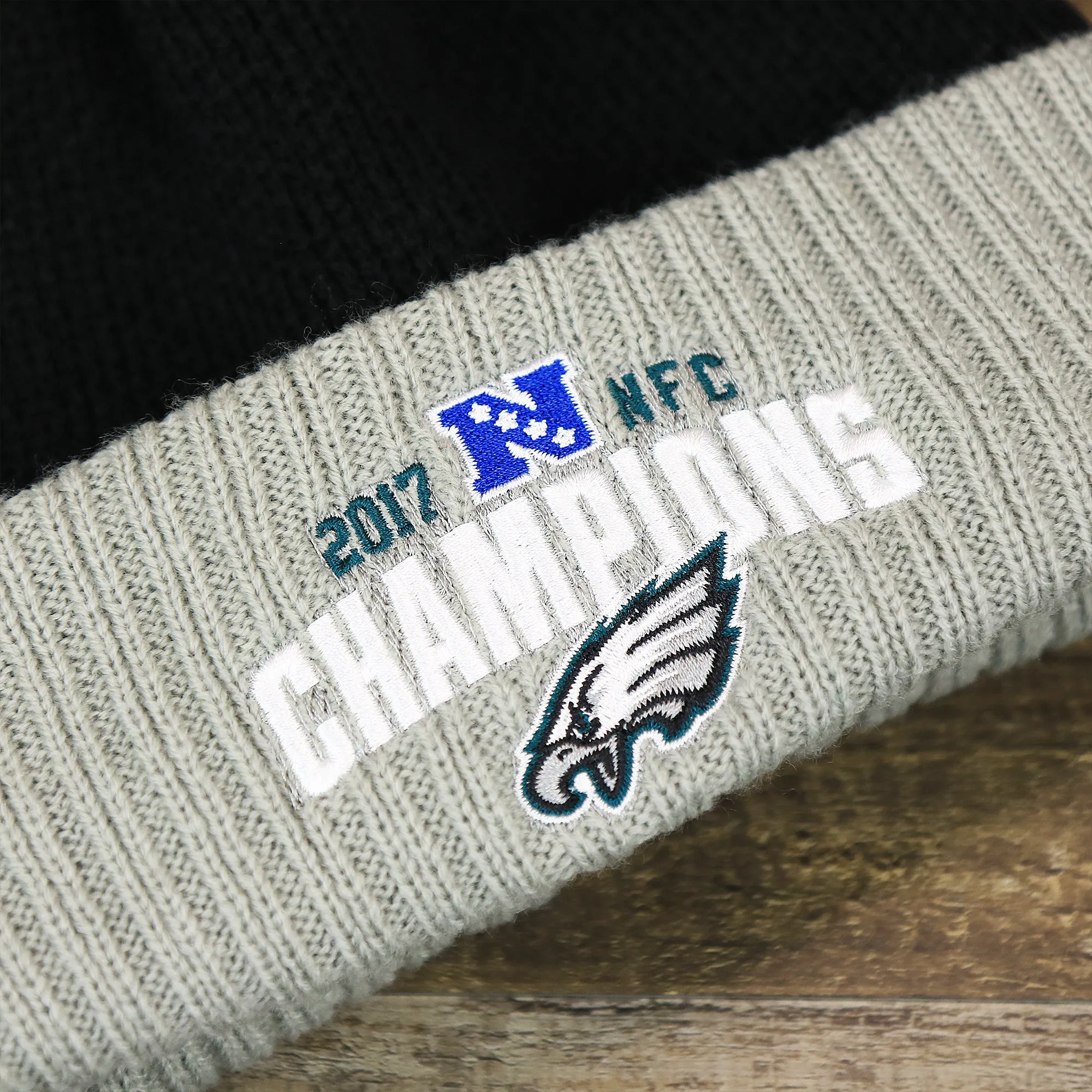 Philadelphia Eagles NFC Champions 2017 Gray Cuff Pom Pom Winter Beanie | Black NFL Beanie