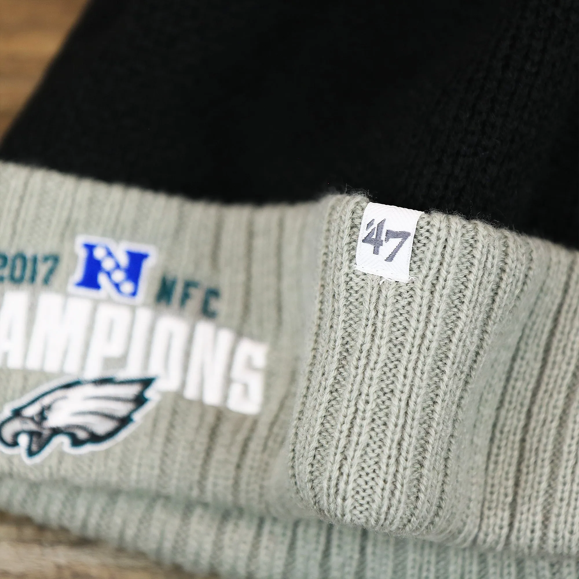 Philadelphia Eagles NFC Champions 2017 Gray Cuff Pom Pom Winter Beanie | Black NFL Beanie