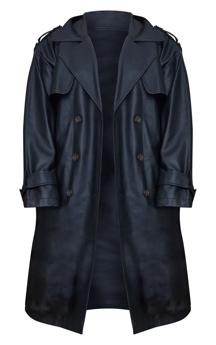 Plus Black Pu Statement Buckle Trench Coat