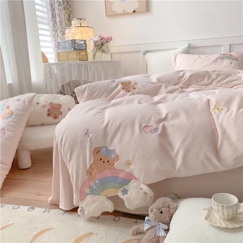 Premium baby soft fleece bear bedding set - cream yellow, baby blue, baby pink - duvet cover, bed sheet, pillow cases