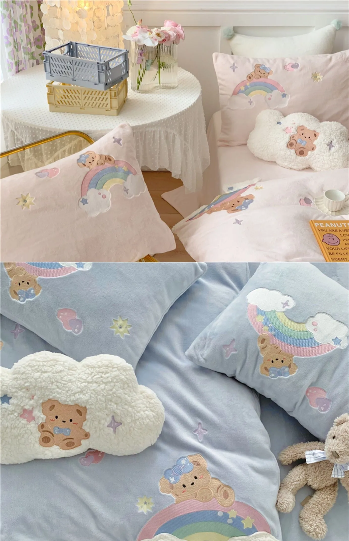 Premium baby soft fleece bear bedding set - cream yellow, baby blue, baby pink - duvet cover, bed sheet, pillow cases