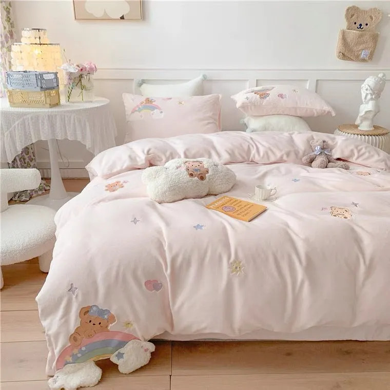 Premium baby soft fleece bear bedding set - cream yellow, baby blue, baby pink - duvet cover, bed sheet, pillow cases