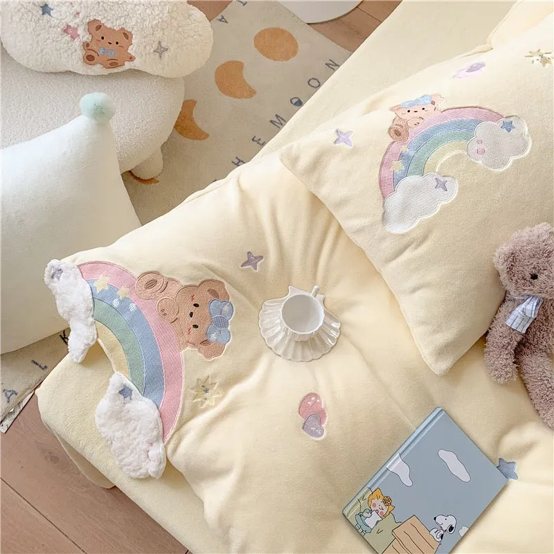 Premium baby soft fleece bear bedding set - cream yellow, baby blue, baby pink - duvet cover, bed sheet, pillow cases