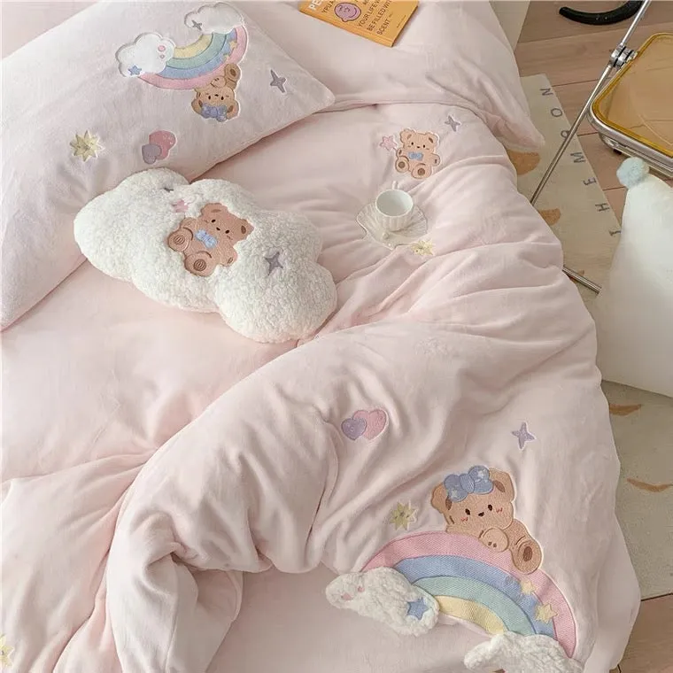 Premium baby soft fleece bear bedding set - cream yellow, baby blue, baby pink - duvet cover, bed sheet, pillow cases