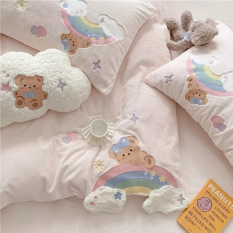 Premium baby soft fleece bear bedding set - cream yellow, baby blue, baby pink - duvet cover, bed sheet, pillow cases