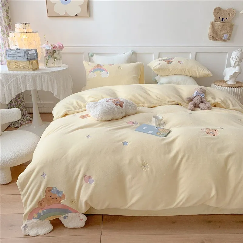 Premium baby soft fleece bear bedding set - cream yellow, baby blue, baby pink - duvet cover, bed sheet, pillow cases