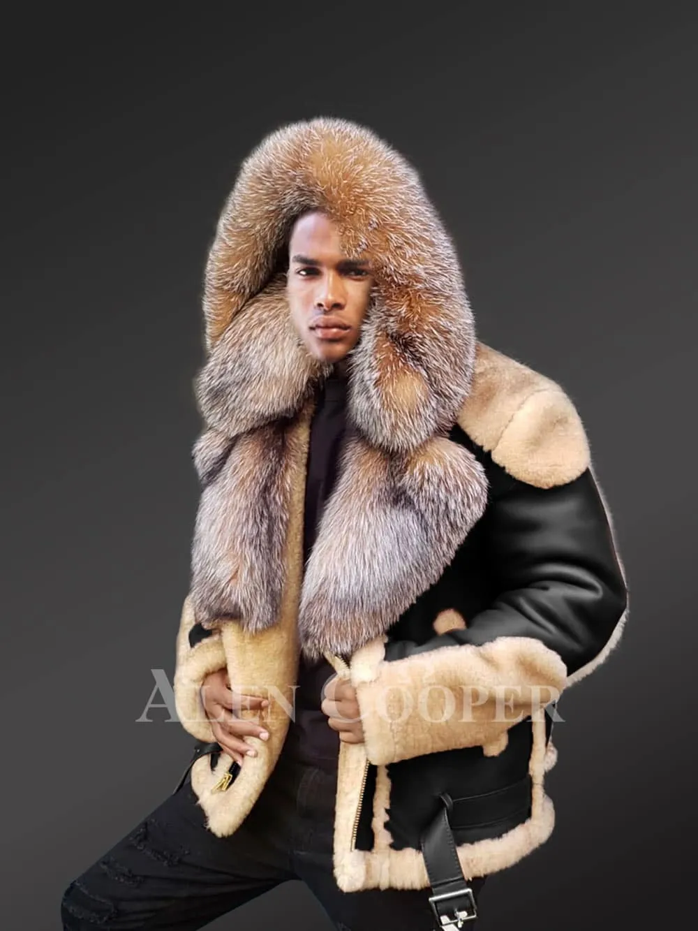 Real Shearling Coat Men with Crystal Fox Fur