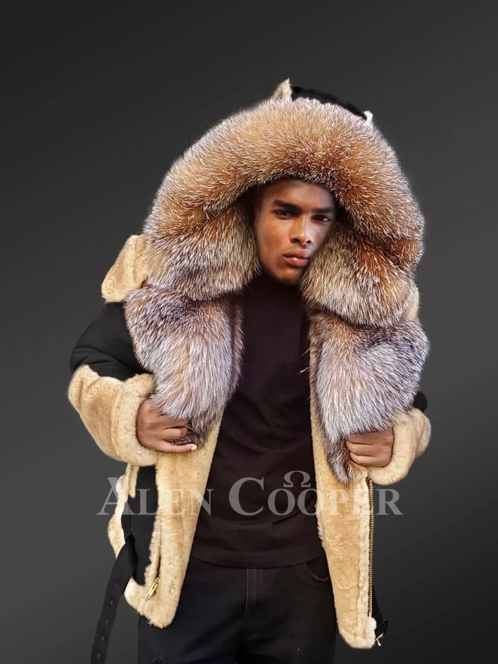 Real Shearling Coat Men with Crystal Fox Fur