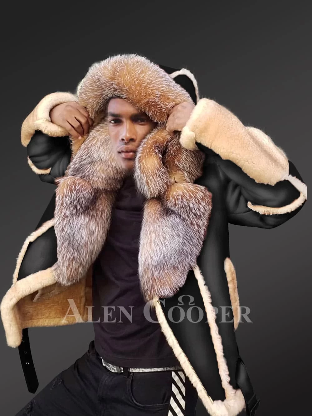 Real Shearling Coat Men with Crystal Fox Fur