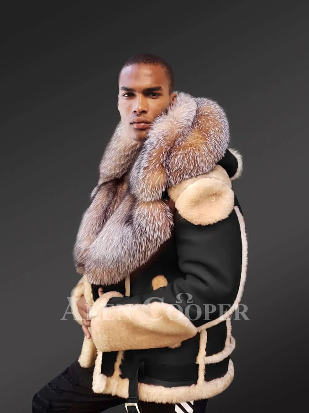 Real Shearling Coat Men with Crystal Fox Fur