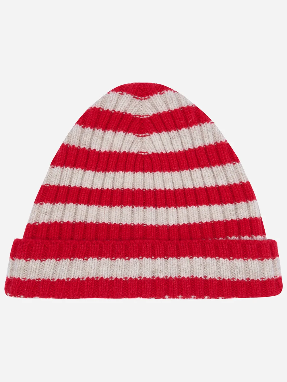 Red and ecru striped wool hat.