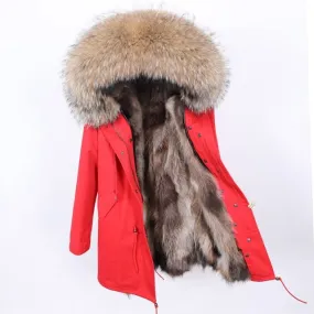 Red Winter Jacket Women Contrast Natural Raccoon Fur Hood