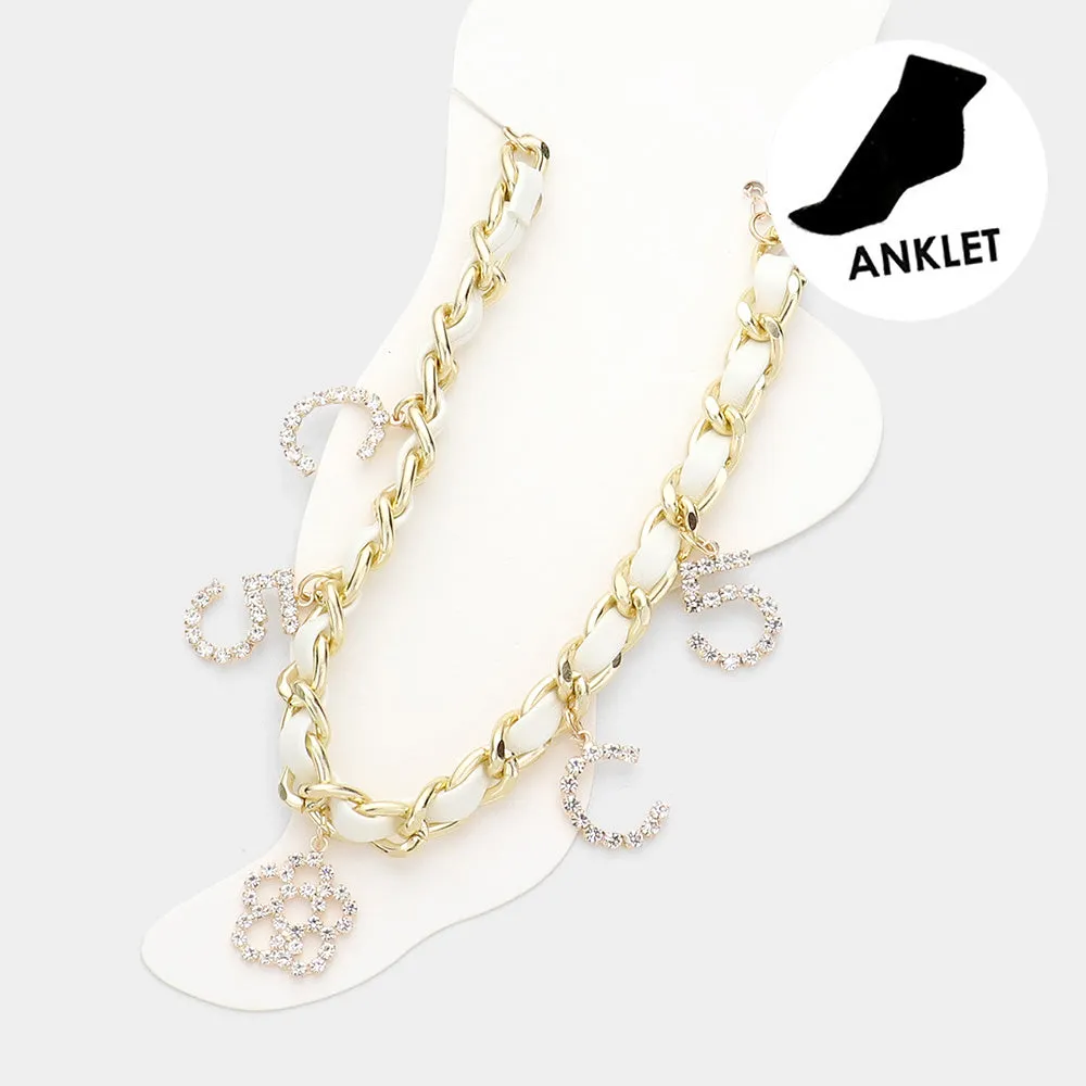 rhinestone flower charm anklet with C No. 5 station on metal chain