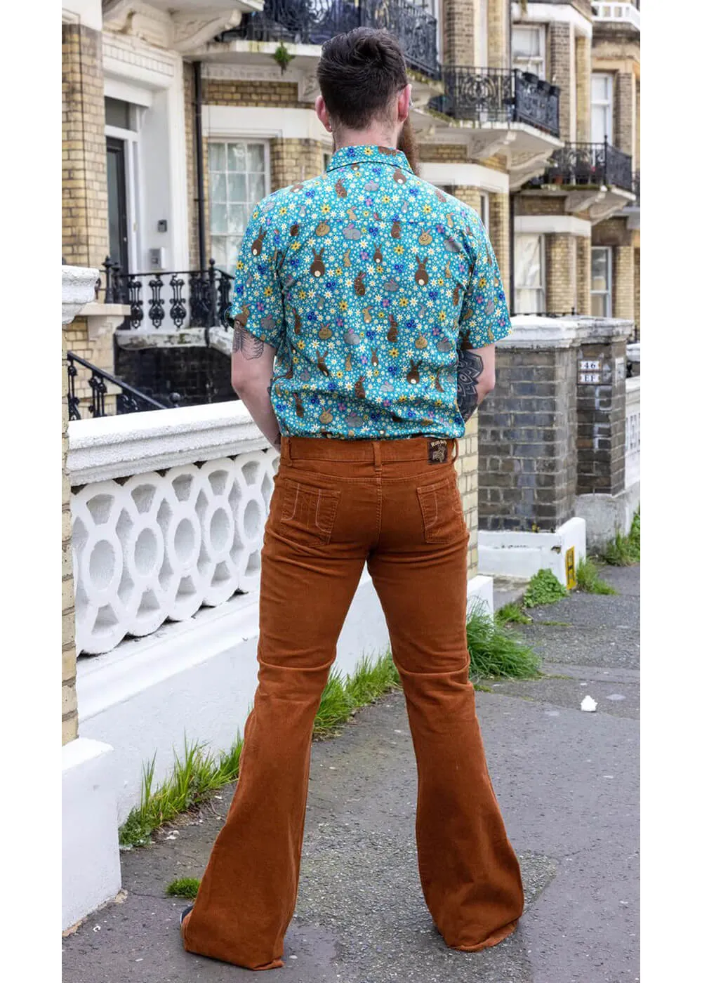 Run Fly Men's Corduroy Bootcut Flare Pants in 70s Tobacco color.