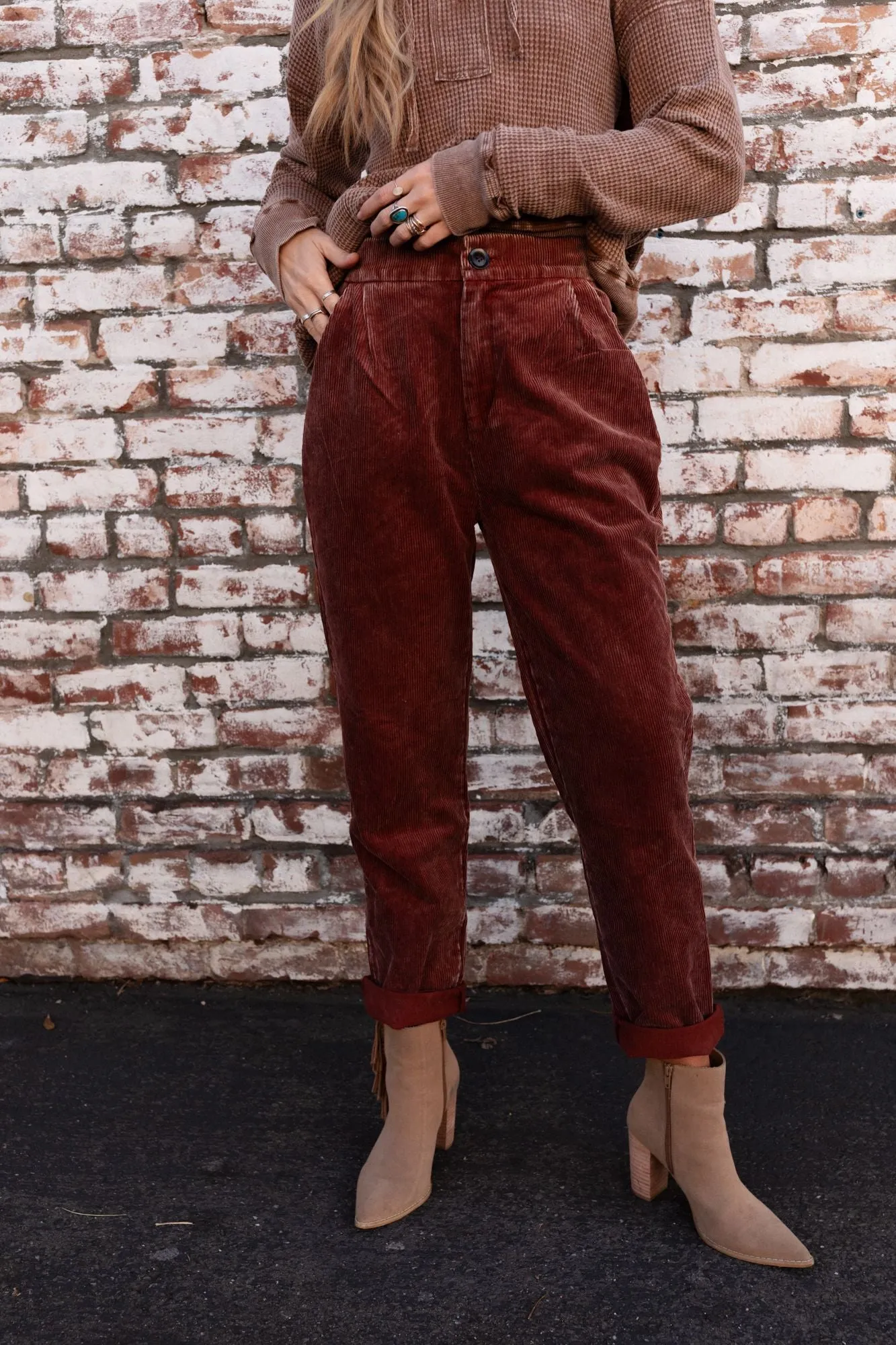 Rust Corduroy Pleated Pants with Pockets